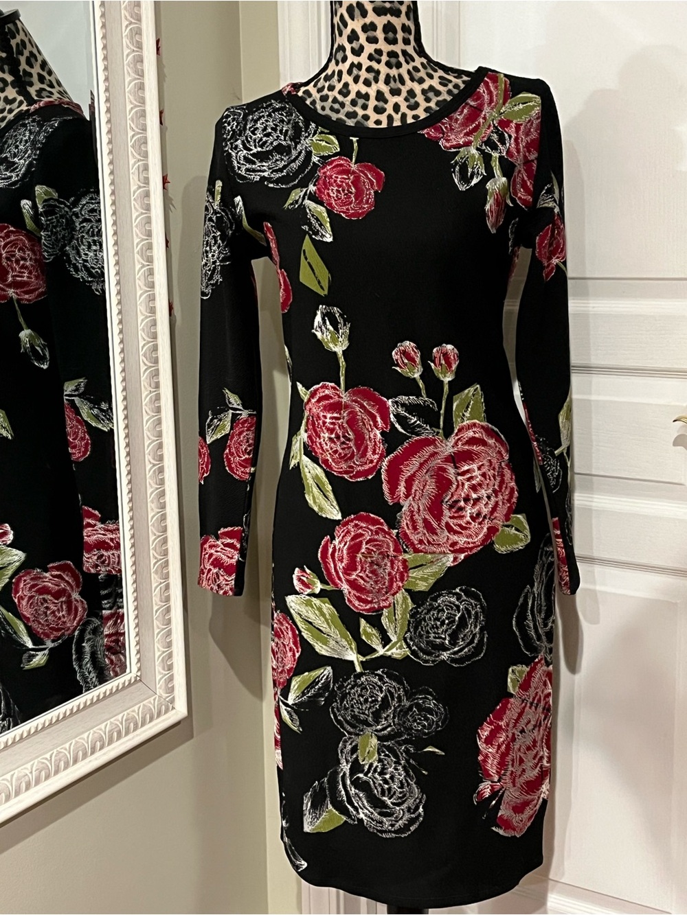 Black Floral Long-Sleeve Dress with Red Rose Print